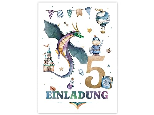 Minkocards 12 Einladungskarten zum 5. Kindergeburtstag Junge Ritter Drache Einladungen zum fünften Geburtstag Kinder bunte Geburtstagseinladungen Minkocards 12 Einladungskarten zum 5. Kindergeburtstag Junge Ritter Drache Einladungen zum fünften Geburtstag Kinder bunte Geburtstagseinladungen von Minkocards