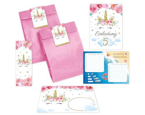 Minkocards 12 Einladungskarten zum 5. Kindergeburtstag Mädchen Einhorn Einladung fünfte Mädchengeburtstag incl. 12 Umschläge, 12 Partytüten/rosa, 12 Aufkleber, 12 Lesezeichen, 12 Schiffe versenken von Minkocards