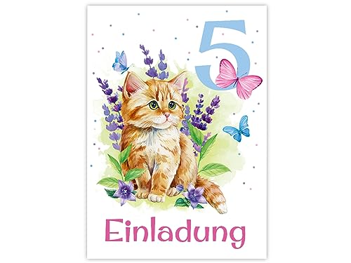 Minkocards 12 Einladungskarten zum 5. Kindergeburtstag Mädchen Katze Kätzchen Einladung fünfte Geburtstag Kinder bunte Geburtstagseinladungen von Minkocards