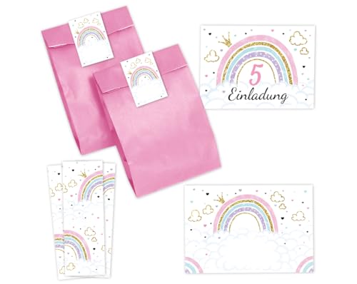 Minkocards 12 Einladungskarten zum 5. Kindergeburtstag Mädchen Regenbogen Einladung fünfte Mädchengeburtstag incl. 12 Umschläge, 12 Partytüten/rosa, 12 Aufkleber, 12 Lesezeichen von Minkocards