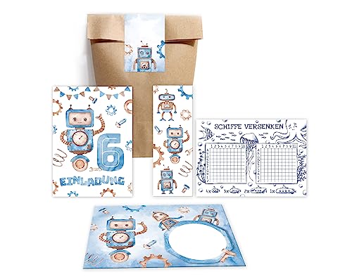 Minkocards 12 Einladungskarten zum 6. Kindergeburtstag Junge Roboter Einladungen zum sechsten Geburtstag incl. 12 Umschläge, 12 Partytüten/natur, 12 Aufkleber, 12 Lesezeichen, 12 Schiffe versenken Minkocards 12 Einladungskarten zum 6. Kindergeburtstag Junge Roboter Einladungen zum sechsten Geburtstag incl. 12 Umschläge, 12 Partytüten/natur, 12 Aufkleber, 12 Lesezeichen, 12 Schiffe versenken von Minkocards