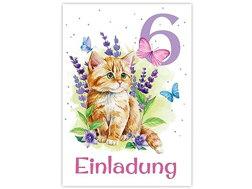 Minkocards 12 Einladungskarten zum 6. Kindergeburtstag Mädchen Katze Kätzchen Einladung sechste Geburtstag Kinder bunte Geburtstagseinladungen von Minkocards
