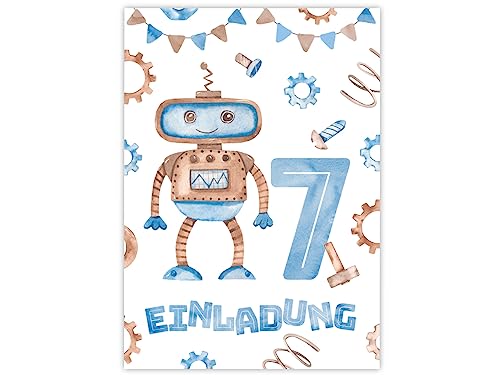 Minkocards 12 Einladungskarten zum 7. Kindergeburtstag Junge Roboter Einladungen zum siebten Geburtstag Kinder bunte Geburtstagseinladungen von Minkocards