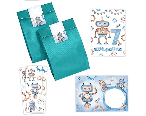 Minkocards 12 Einladungskarten zum 7. Kindergeburtstag Junge Roboter Einladungen zum siebten Geburtstag incl. 12 Umschläge, 12 Partytüten/petrol, 12 Aufkleber, 12 Lesezeichen von Minkocards