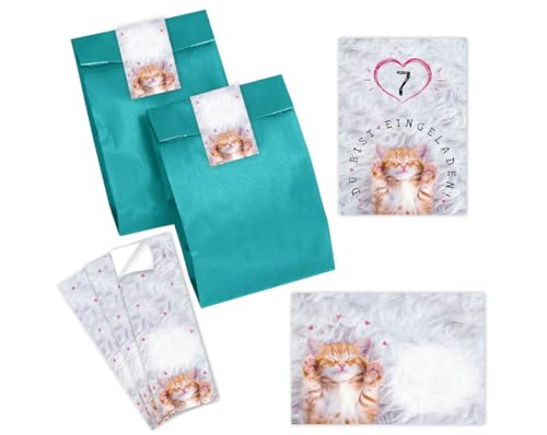 Minkocards 12 Einladungskarten zum 7. Kindergeburtstag Mädchen Katze Einladungen zum siebten Mädchengeburtstag incl. 12 Umschläge, 12 Partytüten/petrol, 12 Aufkleber von Minkocards