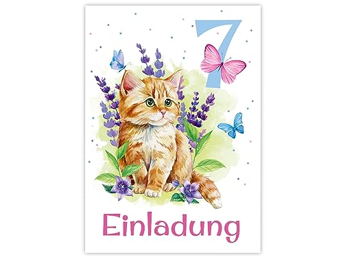 Minkocards 12 Einladungskarten zum 7. Kindergeburtstag Mädchen Katze Kätzchen Einladung siebte Geburtstag Kinder bunte Geburtstagseinladungen von Minkocards