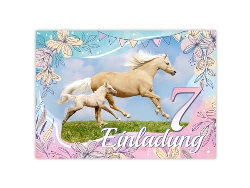 Minkocards 12 Einladungskarten zum 7. Kindergeburtstag Mädchen Pferd mit Fohlen Einladung siebte Geburtstag Kinder bunte Geburtstagseinladungen von Minkocards