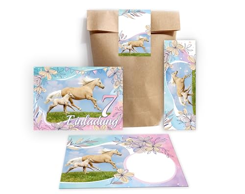 Minkocards 12 Einladungskarten zum 7. Kindergeburtstag Mädchen Pferd mit Fohlen Einladung siebte Geburtstag incl. 12 Umschläge, 12 Partytüten/natur, 12 Aufkleber, 12 Lesezeichen Einladungsset von Minkocards