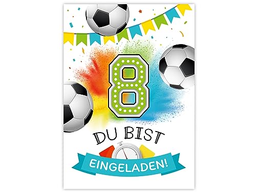 Minkocards 12 Einladungskarten zum 8. Kindergeburtstag Junge Fußball Fussball Einladungen zum achten Geburtstag Kinder bunte Geburtstagseinladungen von Minkocards