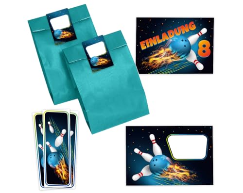 Minkocards 12 Einladungskarten zum 8. Kindergeburtstag Kegeln Bowling Jungen Mädchen Einladungen achte Geburtstag incl. 12 Umschläge, 12 Partytüten/petrol, 12 Aufkleber, 12 Lesezeichen von Minkocards