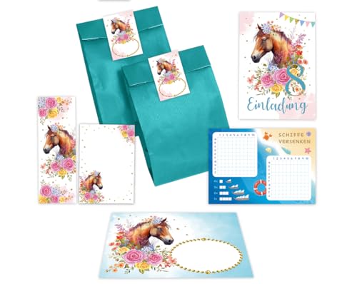 Minkocards 12 Einladungskarten zum 8. Kindergeburtstag Mädchen Pferd achte Geburtstag incl. 12 Umschläge, 12 Tüten/petrol, 12 Aufkleber, 12 Lesezeichen, 12 Blöcke, 12 Schiffe versenken Minkocards 12 Einladungskarten zum 8. Kindergeburtstag Mädchen Pferd achte Geburtstag incl. 12 Umschläge, 12 Tüten/petrol, 12 Aufkleber, 12 Lesezeichen, 12 Blöcke, 12 Schiffe versenken von Minkocards