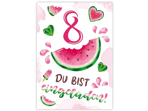 Minkocards 12 Einladungskarten zum 8. Kindergeburtstag Mädchen Wassermelone Einladung achte Geburtstag Mädchengeburtstag Geburtstagseinladungen von Minkocards