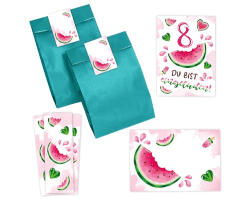 Minkocards 12 Einladungskarten zum 8. Kindergeburtstag Mädchen Wassermelone Einladung achte Mädchengeburtstag incl. 12 Umschläge, 12 Partytüten/petrol, 12 Aufkleber, 12 Lesezeichen Minkocards 12 Einladungskarten zum 8. Kindergeburtstag Mädchen Wassermelone Einladung achte Mädchengeburtstag incl. 12 Umschläge, 12 Partytüten/petrol, 12 Aufkleber, 12 Lesezeichen von Minkocards