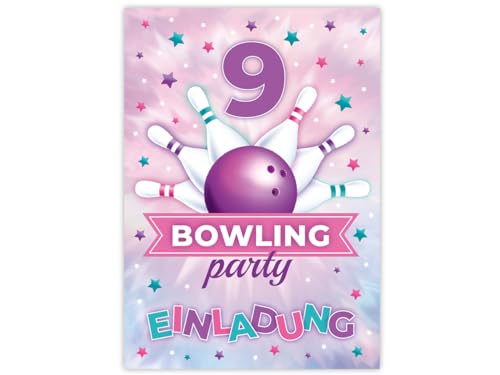 Minkocards 12 Einladungskarten zum 9. Kindergeburtstag Bowling Kegeln Bowling-Party Mädchen Einladungen zum neunten Einladungen neunte Mädchengeburtstag von Minkocards