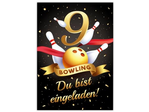 Minkocards 12 Einladungskarten zum 9. Kindergeburtstag Bowling Kegeln Mädchen Jungen Einladung neunte Mädchengeburtstag Jungsgeburtstag von Minkocards