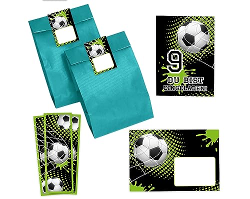 Minkocards 12 Einladungskarten zum 9. Kindergeburtstag Junge Fussball Fußball Einladungen zum neunten Geburtstag incl. 12 Umschläge, 12 Partytüten/petrol, 12 Aufkleber, 12 Lesezeichen von Minkocards