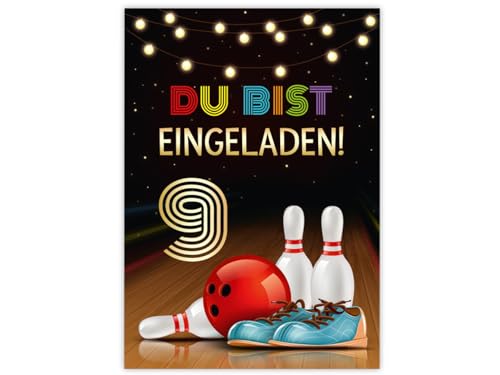 Minkocards 12 Einladungskarten zum 9. Kindergeburtstag Kegeln Bowling Mädchen Jungen Einladung neunte Mädchengeburtstag Jungsgeburtstag von Minkocards