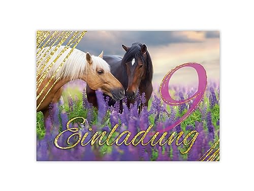 Minkocards 12 Einladungskarten zum 9. Kindergeburtstag Mädchen Pferde Einladung neunte Geburtstag Kinder bunte Geburtstagseinladungen von Minkocards