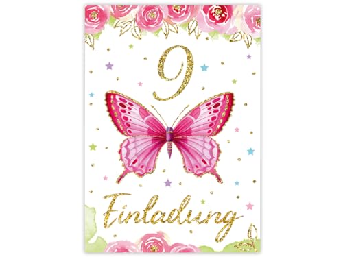 Minkocards 12 Einladungskarten zum 9. Kindergeburtstag Mädchen Schmetterling Einladungen neunte Geburtstag Kinder Mädchengeburtstag von Minkocards