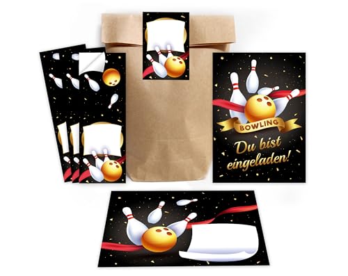 Minkocards 12 Einladungskarten zum Kindergeburtstag Bowling Kegeln Bowling-Party Mädchen Jungen Einladung Mädchengeburtstag Jungsgeburtstag incl. 12 Umschläge, 12 Partytüten/natur, 12 Aufkleber von Minkocards
