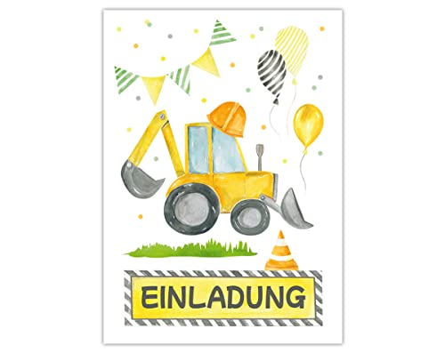 Minkocards 12 Einladungskarten zum Kindergeburtstag Junge Baustelle Bagger-Motiv Einladungen zum Geburtstag Kinder bunte Geburtstagseinladungen von Minkocards