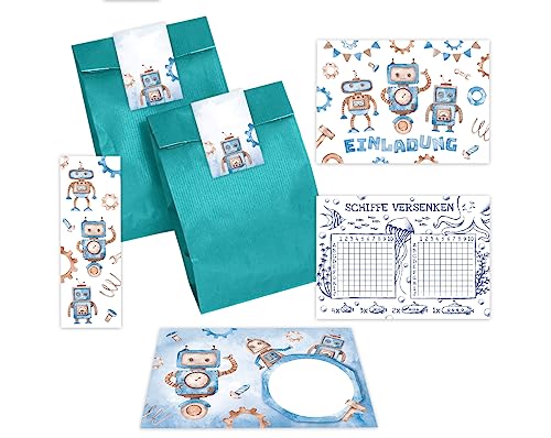Minkocards 12 Einladungskarten zum Kindergeburtstag Junge Roboter incl. 12 Umschläge, 12 Partytüten/petrol, 12 Aufkleber, 12 Lesezeichen, 12 Schiffe versenken Minkocards 12 Einladungskarten zum Kindergeburtstag Junge Roboter incl. 12 Umschläge, 12 Partytüten/petrol, 12 Aufkleber, 12 Lesezeichen, 12 Schiffe versenken von Minkocards