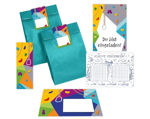 Minkocards 12 Einladungskarten zum Kindergeburtstag Klettern Bouldern Mädchen Jungen Climbing Party incl. 12 Umschläge, 12 Partytüten/petrol, 12 Aufkleber, 12 Lesezeichen, 12 Schiffe versenken von Minkocards