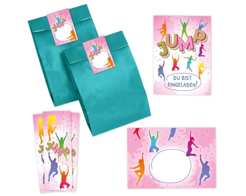 Minkocards 12 Einladungskarten zum Kindergeburtstag Mädchen Jump Trampolin Batut Einladungen zum Mädchengeburtstag incl. 12 Umschläge, 12 Partytüten/petrol, 12 Aufkleber, 12 Lesezeichen von Minkocards