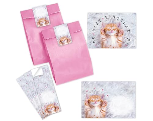 Minkocards 12 Einladungskarten zum Kindergeburtstag Mädchen Katze Einladungen zum Mädchengeburtstag incl. 12 Umschläge, 12 Partytüten/rosa, 12 Aufkleber von Minkocards