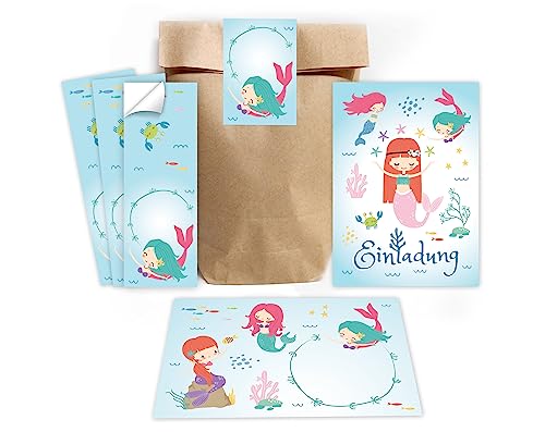 Minkocards 12 Einladungskarten zum Kindergeburtstag Mädchen Meerjungfrau incl. 12 Umschläge, 12 Partytüten/natur, 12 Aufkleber Einladungsset von Minkocards