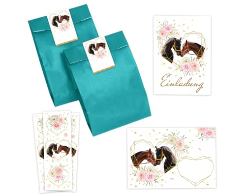 Minkocards 12 Einladungskarten zum Kindergeburtstag Mädchen Pferd zwei Pferde incl. 12 Umschläge, 12 Partytüten/petrol, 12 Aufkleber, 12 Lesezeichen Einladungsset Minkocards 12 Einladungskarten zum Kindergeburtstag Mädchen Pferd zwei Pferde incl. 12 Umschläge, 12 Partytüten/petrol, 12 Aufkleber, 12 Lesezeichen Einladungsset von Minkocards