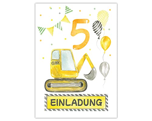 Minkocards 12 Einladungskarten zum fünften Kindergeburtstag 5. Geburtstag Jungen Jungs Baustelle Bagger Einladungen zum Geburtstag Kinder bunte Geburtstagseinladungen von Minkocards