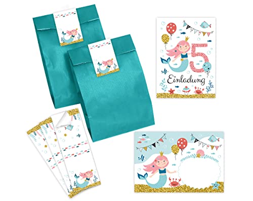 Minkocards 12 Einladungskarten zum fünften Kindergeburtstag 5. Geburtstag Mädchen Meerjungfrau incl. 12 Umschläge, 12 Partytüten/petrol, 12 Aufkleber Einladungsset Minkocards 12 Einladungskarten zum fünften Kindergeburtstag 5. Geburtstag Mädchen Meerjungfrau incl. 12 Umschläge, 12 Partytüten/petrol, 12 Aufkleber Einladungsset von Minkocards