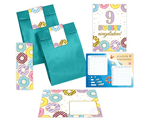 Minkocards 12 Einladungskarten zum neunten Kindergeburtstag 9. Geburtstag Mädchen Donuts incl. 12 Umschläge, 12 Partytüten/petrol, 12 Aufkleber, 12 Lesezeichen, 12 Schiffe versenken Einladungsset Minkocards 12 Einladungskarten zum neunten Kindergeburtstag 9. Geburtstag Mädchen Donuts incl. 12 Umschläge, 12 Partytüten/petrol, 12 Aufkleber, 12 Lesezeichen, 12 Schiffe versenken Einladungsset von Minkocards