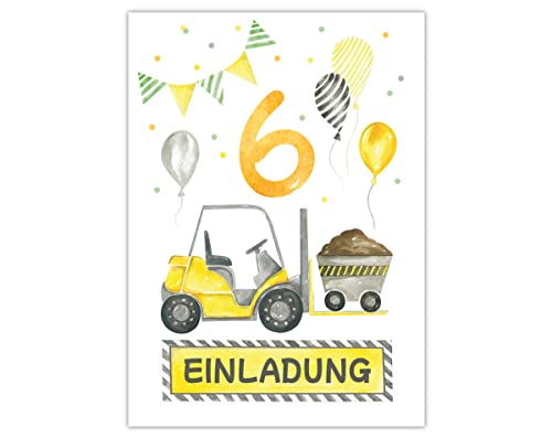 Minkocards 12 Einladungskarten zum sechsten Kindergeburtstag 6. Geburtstag Jungen Jungs Baustelle Bagger Einladungen zum Geburtstag Kinder bunte Geburtstagseinladungen von Minkocards