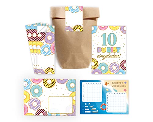 Minkocards 12 Einladungskarten zum zehnten Kindergeburtstag 10. Geburtstag Mädchen Donuts incl. 12 Umschläge, 12 Partytüten/natur, 12 Aufkleber, 12 Schiffe versenken Einladungsset Minkocards 12 Einladungskarten zum zehnten Kindergeburtstag 10. Geburtstag Mädchen Donuts incl. 12 Umschläge, 12 Partytüten/natur, 12 Aufkleber, 12 Schiffe versenken Einladungsset von Minkocards