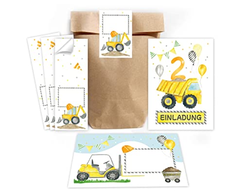Minkocards 12 Einladungskarten zum zweiten Kindergeburtstag 2. Geburtstag Jungen Jungs Baustelle incl. 12 Umschläge, 12 Partytüten/natur, 12 Aufkleber Einladungsset von Minkocards