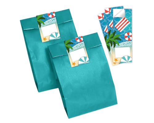 Minkocards 12 Geschenktüten (Petrol) + 12 Aufkleber Schwimmbad Pool-Party Geschenktüten für Mitgebsel Mädchen Jungen Gastgeschenk einpacken beim Kindergeburtstag Jungengeburtstag Mädchengeburtstag von Minkocards