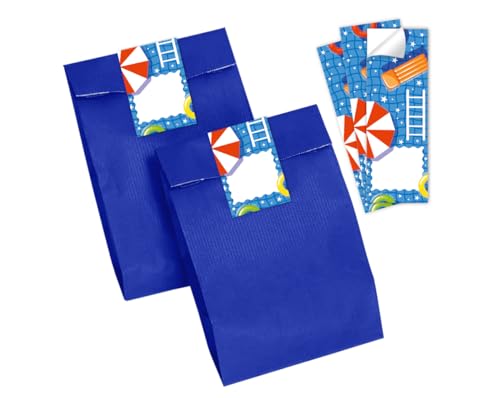 Minkocards 12 Geschenktüten (blau) + 12 Aufkleber Pool-Party Schwimmbad Geschenktüten für Mitgebsel Jungen Mädchen Gastgeschenk einpacken beim Kindergeburtstag Mädchengeburtstag Jungengeburtstag von Minkocards