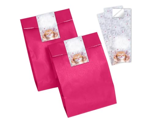 Minkocards 12 Geschenktüten (pink) + 12 Aufkleber Katze Geschenktüten für Mitgebsel Gastgeschenk einpacken beim Kindergeburtstag Jungsgeburtstag Mädchengeburtstag von Minkocards