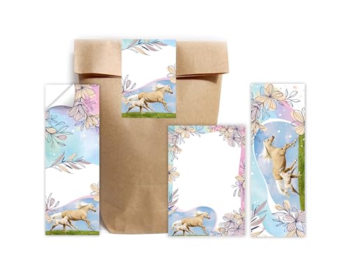 Minkocards 12 Lesezeichen + 12 Notizblöcke + 12 Geschenktüten (Natur) + 12 Aufkleber Pferd mit Fohlen Mitgebselset Gastgeschenke für Kindergeburtstag Mädchengeburtstag von Minkocards
