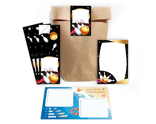Minkocards 12 Schiffe versenken + 12 Blöcke + 12 Geschenktüten (Natur) + 12 Aufkleber Bowlling Kegeln Bowling-Party Mitgebselset Gastgeschenke für Kindergeburtstag Mädchengeburtstag Jungsgeburtstag von Minkocards