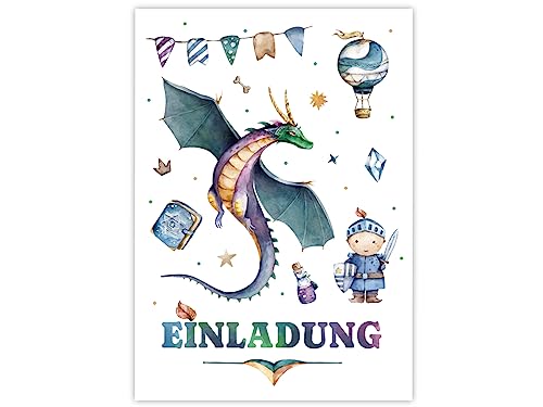 Minkocards 14 Einladungskarten Kindergeburtstag Junge Jungs Ritter Drache Einladungen zum Jungsgeburtstag Geburtstagseinladungen (14 Karten) von Minkocards