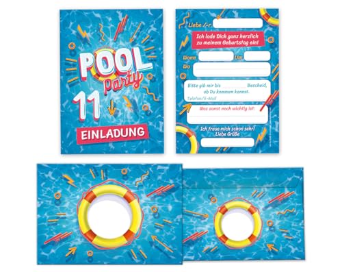 Minkocards 6 Einladungskarten incl. 6 Umschläge 11. Kindergeburtstag Schwimmbad Schwimmen Jungen Mädchen Einladungen elfte Geburtstag von Minkocards