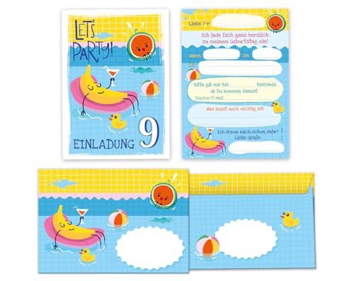 Minkocards 6 Einladungskarten incl. 6 Umschläge 9. Kindergeburtstag Schwimmbad Schwimmen Jungen Mädchen Einladung neunte Geburtstag von Minkocards