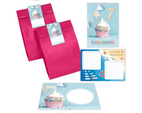 Minkocards 6 Einladungskarten incl. 6 Umschläge zum 7. Kindergeburtstag Mädchen Jungen Muffin Einladungen siebte Geburtstag Kinder incl. 6 Umschläge, 6 Tüten/pink, 6 Aufkleber, 6 Schiffe versenken von Minkocards