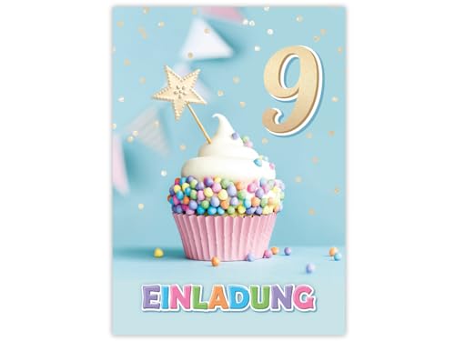 Minkocards 6 Einladungskarten zum 9. Kindergeburtstag Mädchen Jungen Muffin Einladungen neunte Geburtstag Mädchengeburtstag Jungsgeburtstag GeburtstagsEinladungen von Minkocards