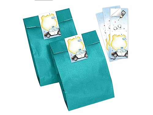 Minkocards 6 Geschenktüten (Petrol) + 6 Aufkleber Polizei Detektiv Geschenktüten für Mitgebsel Gastgeschenk einpacken beim Kindergeburtstag Jungensgeburtstag von Minkocards