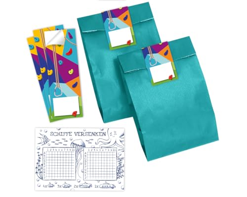 Minkocards 6 Schiffe versenken + 6 Geschenktüten (Petrol) + 6 Aufkleber Klettern Bouldern Mitgebsel für Mädchen Jungen Gastgeschenke für Kindergeburtstag Mädchengeburtstag Jungengeburtstag von Minkocards