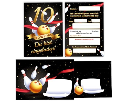 Minkocards 8 Einladungskarten incl. 8 Umschläge zum 10. Kindergeburtstag Bowling Kegeln Mädchen Jungen Einladungen zehnte Geburtstag Kinder Einladungsset von Minkocards